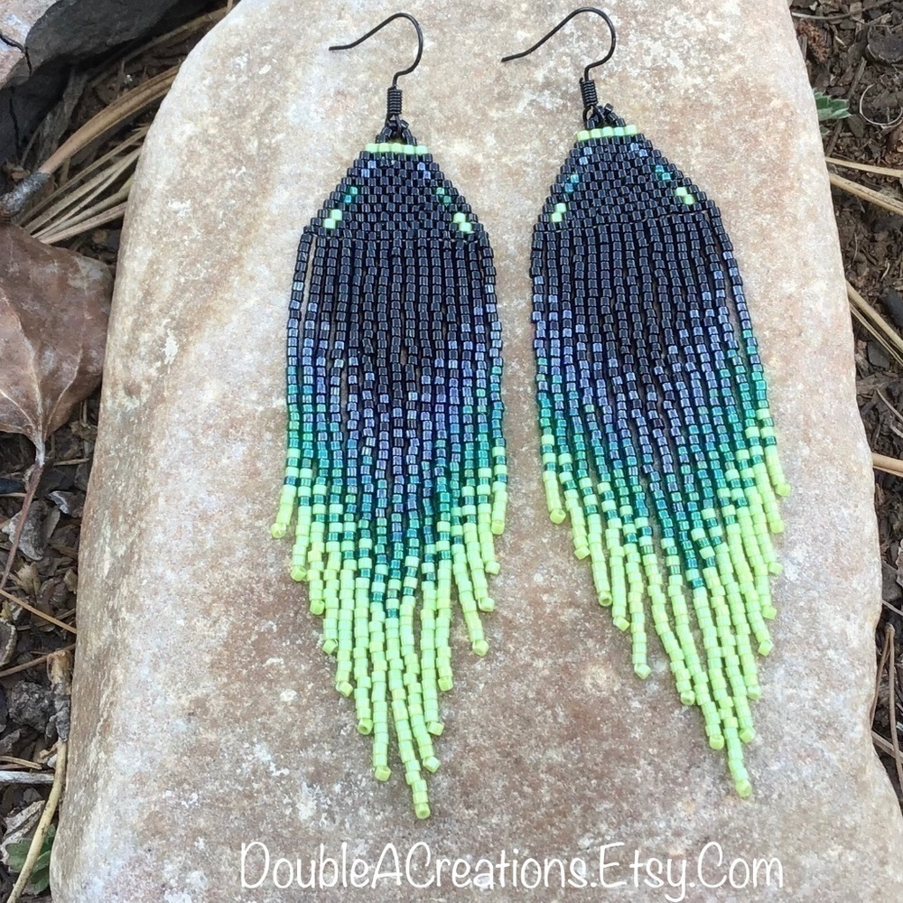 Black and Lime Green Beaded Earrings with Fringe, New, Handmade by Me - Picture 1 of 11